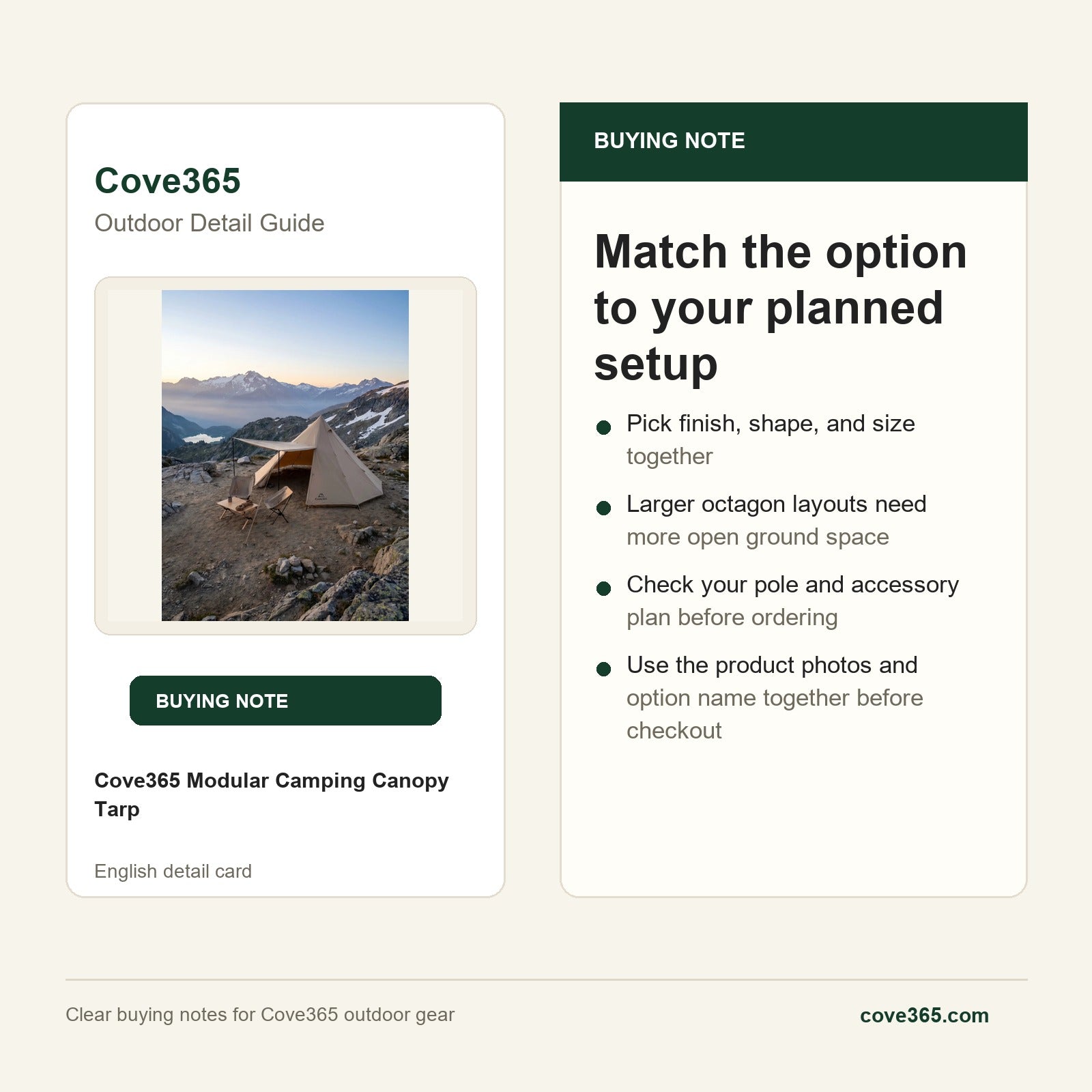 Cove365 Modular Camping Canopy Tarp - Match the option to your planned setup