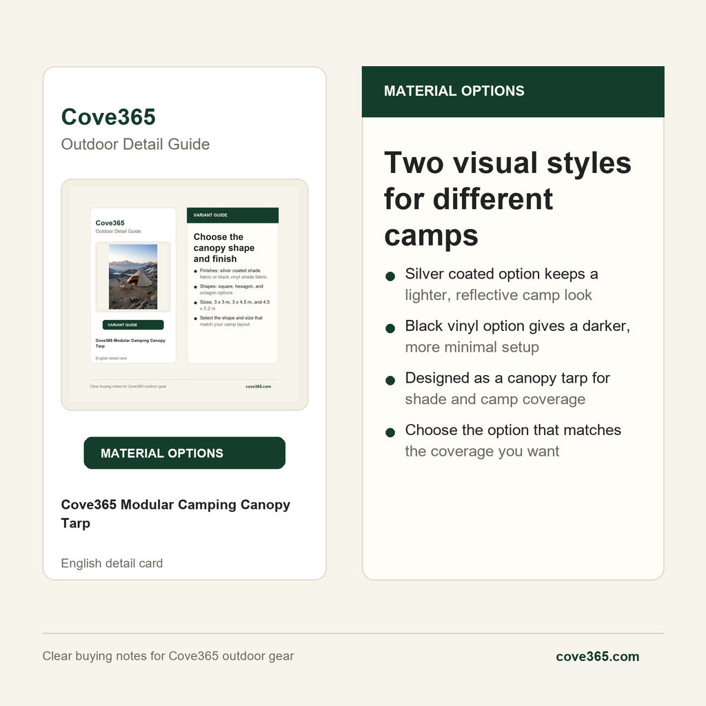Cove365 Modular Camping Canopy Tarp - Two visual styles for different camps