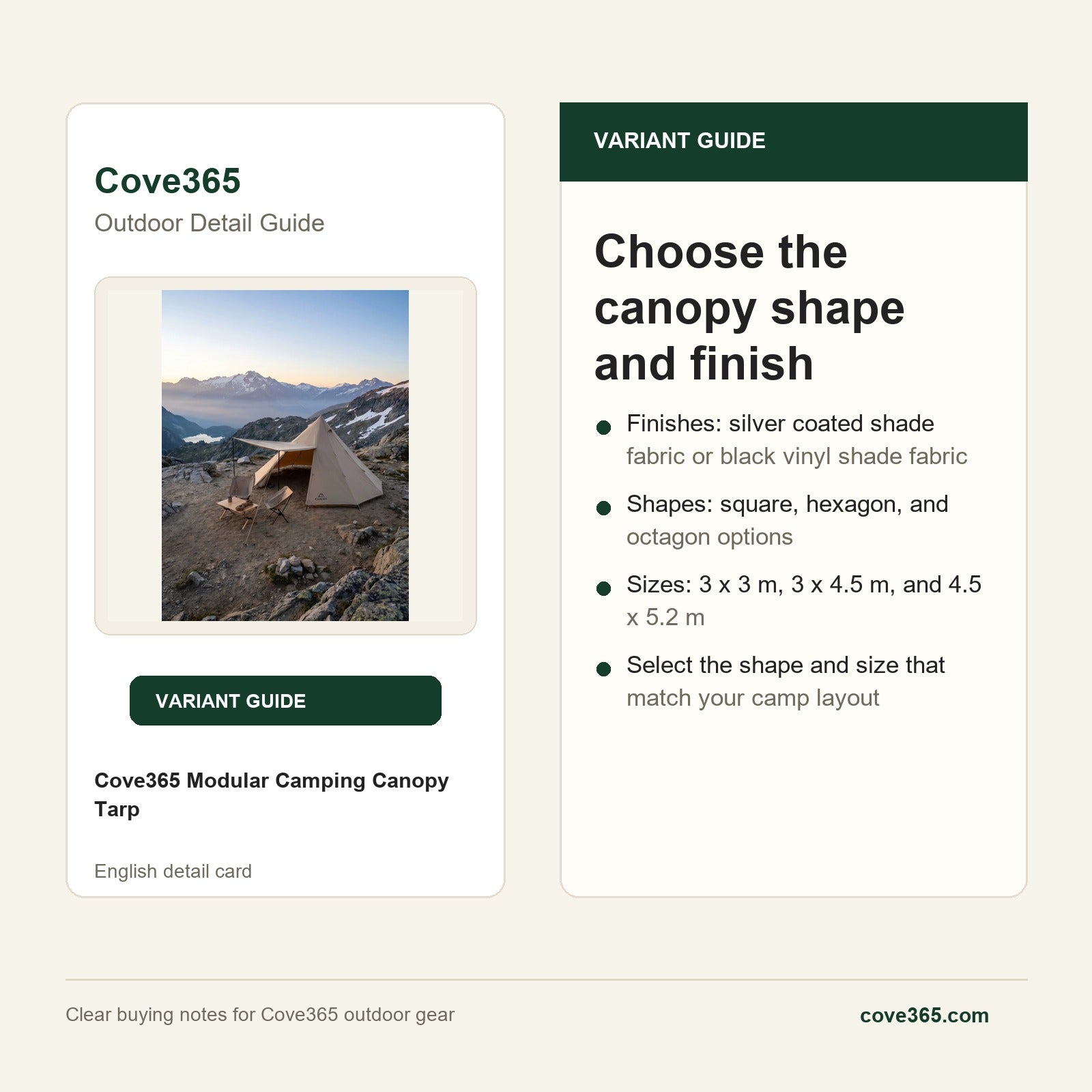 Cove365 Modular Camping Canopy Tarp - Choose the canopy shape and finish