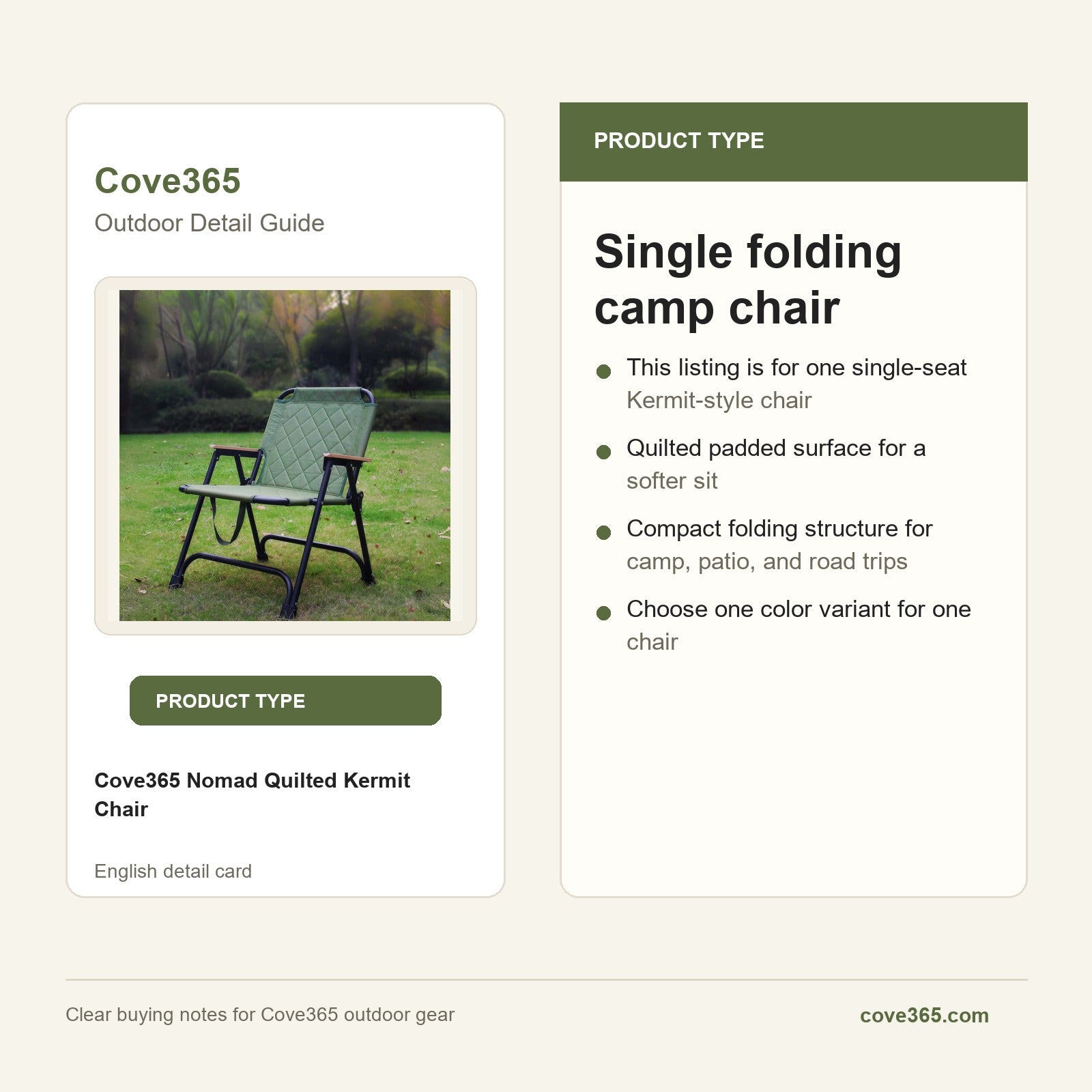 Cove365 Nomad Quilted Kermit Chair - Single folding camp chair