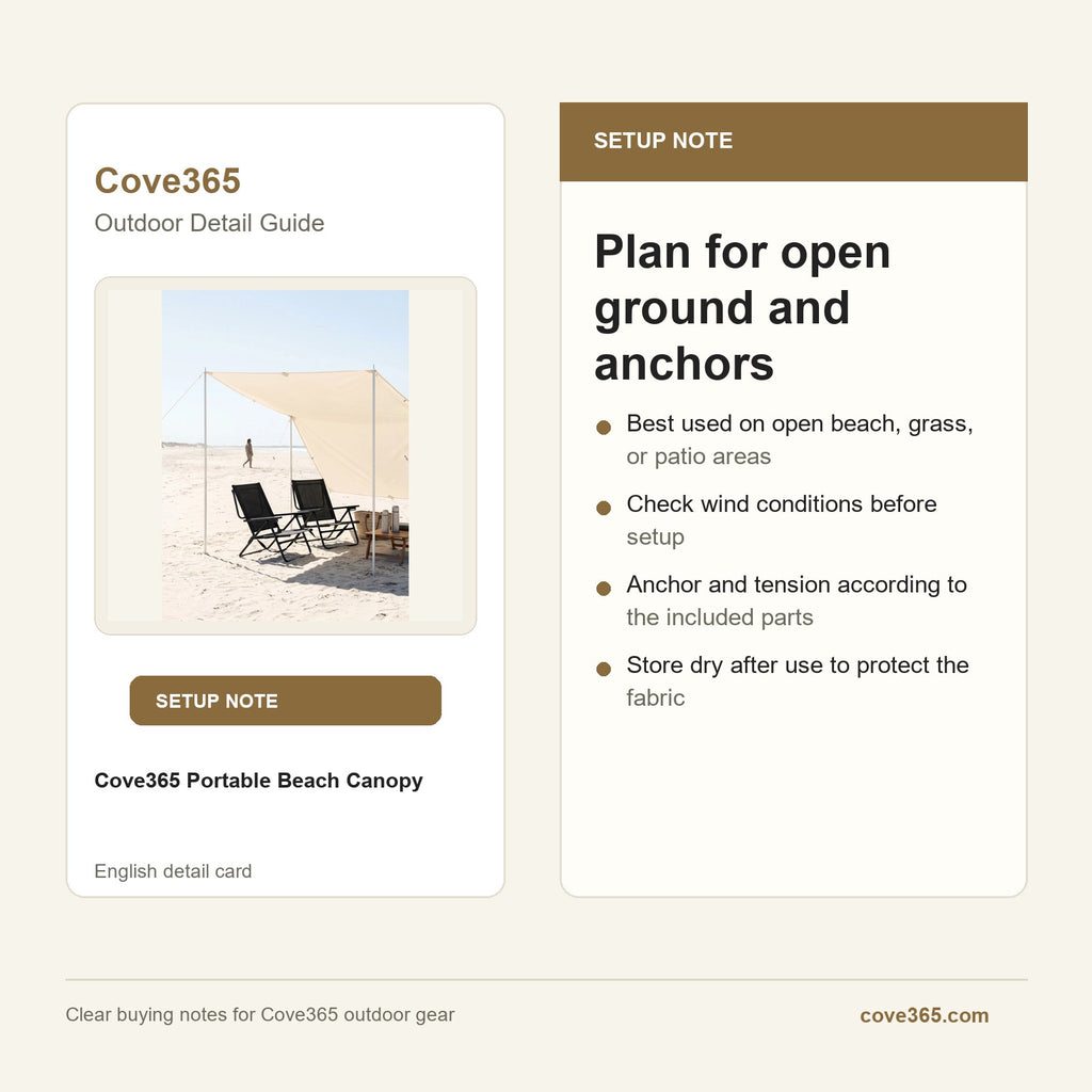 Cove365 Portable Beach Canopy - Plan for open ground and anchors