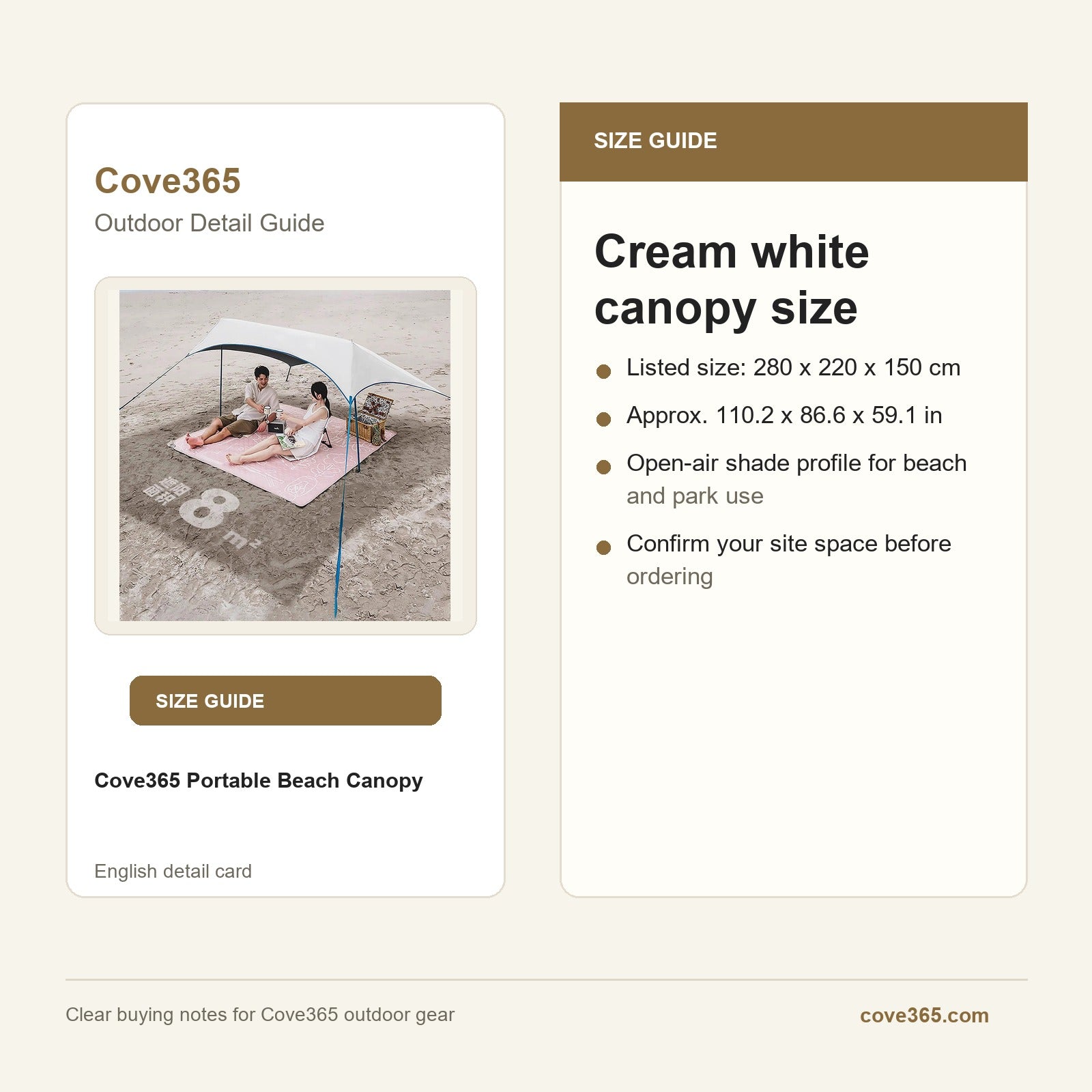Cove365 Portable Beach Canopy - Cream white canopy size